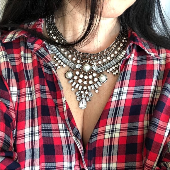 Statement Chunky Silver Necklace Rhinestones BoHo - Picture 7 of 8